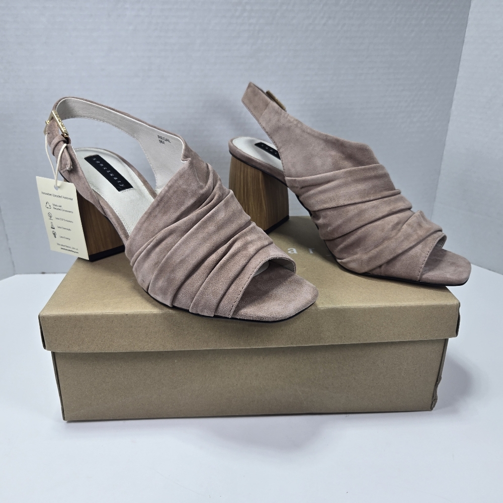 Sanctuary Regal Taupe Leather Slingback Woodgrain 3 1/2" Heels Women's Size 9 M